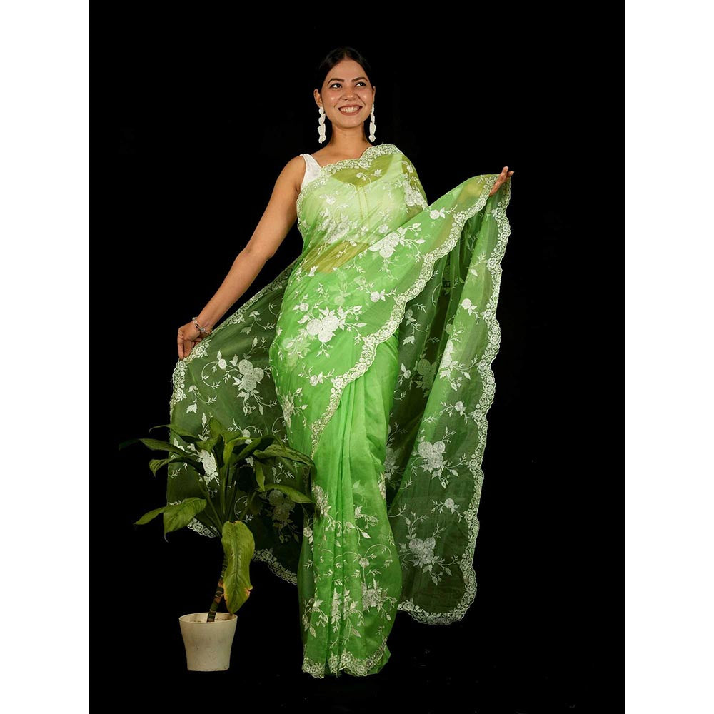Isadora Life Green Floral Pre-Draped Saree with Unstitched Blouse
