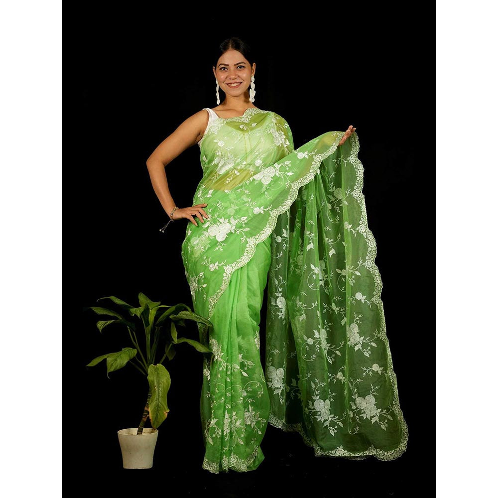 Isadora Life Green Floral Pre-Draped Saree with Unstitched Blouse
