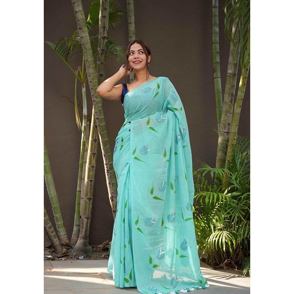 Isadora Life Blue Floral Pre-Draped Saree with Unstitched Blouse
