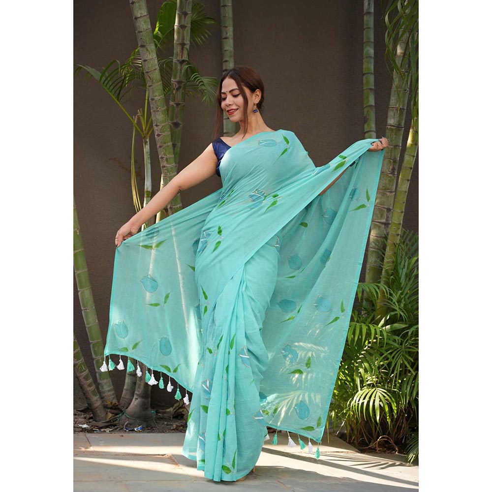 Isadora Life Blue Floral Pre-Draped Saree with Unstitched Blouse