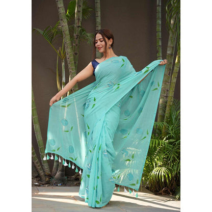 Isadora Life Blue Floral Pre-Draped Saree with Unstitched Blouse
