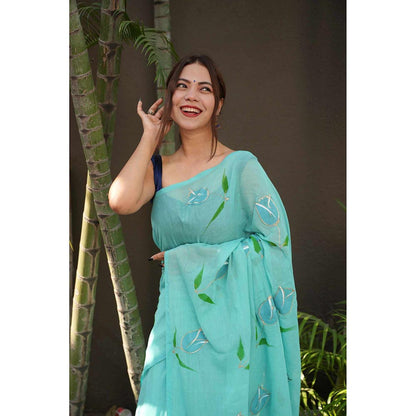 Isadora Life Blue Floral Pre-Draped Saree with Unstitched Blouse