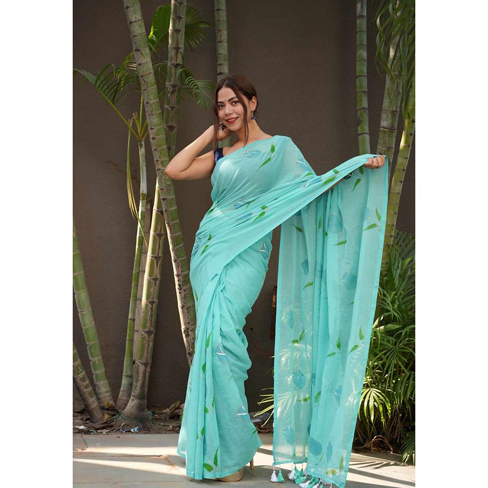 Isadora Life Blue Floral Pre-Draped Saree with Unstitched Blouse
