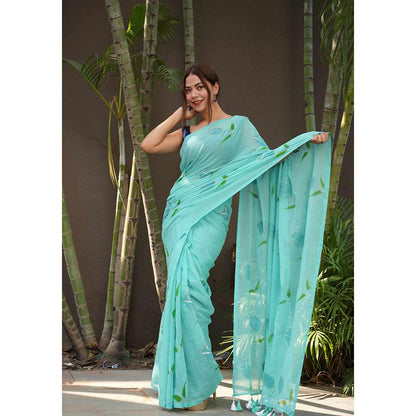 Isadora Life Blue Floral Pre-Draped Saree with Unstitched Blouse