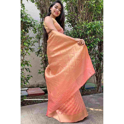 Isadora Life Peach Woven Pre-Draped Saree with Unstitched Blouse