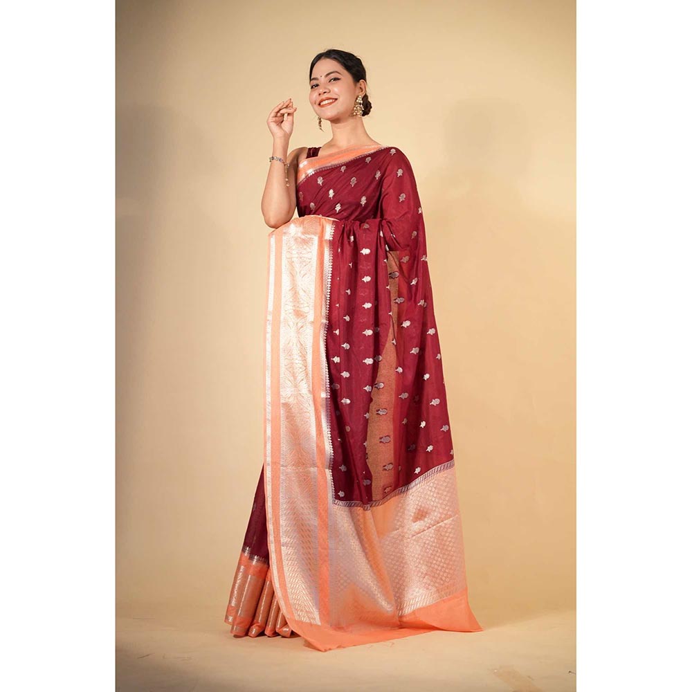 Isadora Life Red Woven Pre-Draped Saree with Unstitched Blouse