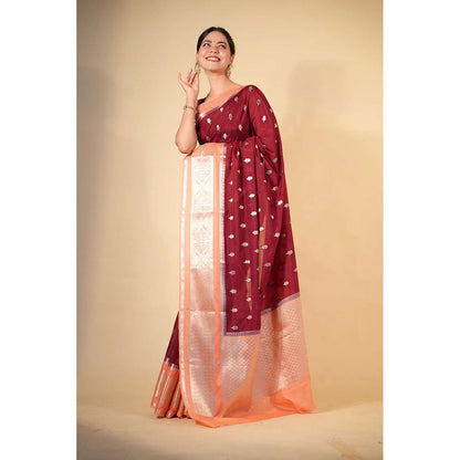 Isadora Life Red Woven Pre-Draped Saree with Unstitched Blouse