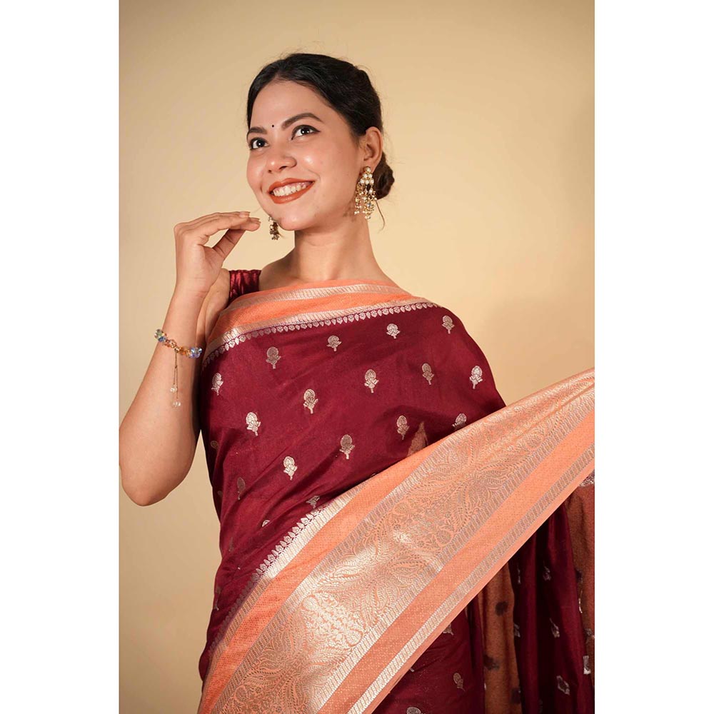 Isadora Life Red Woven Pre-Draped Saree with Unstitched Blouse