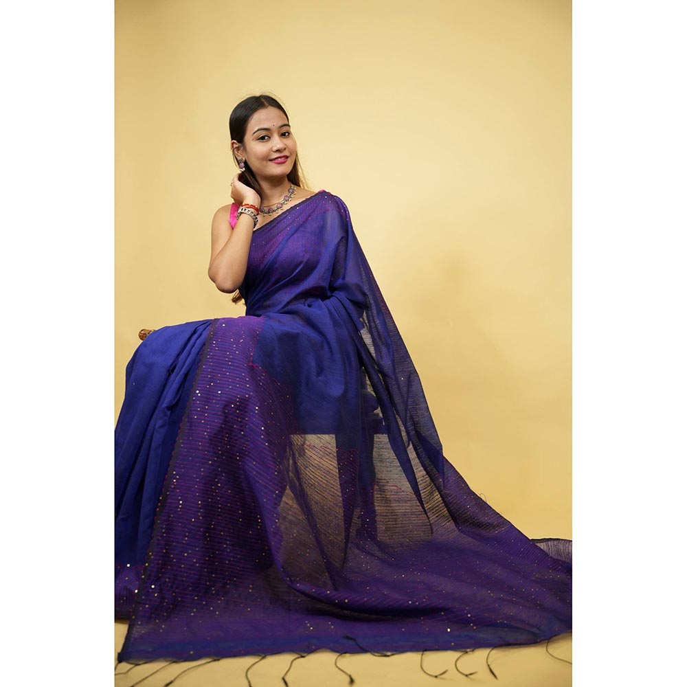 Isadora Life Blue Embellished/Sequined Pre-Draped Saree with Unstitched Blouse