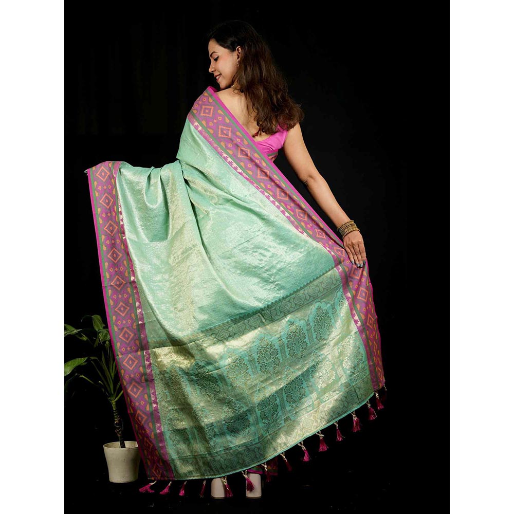 Isadora Life Green Self Design Pre-Draped Saree with Unstitched Blouse
