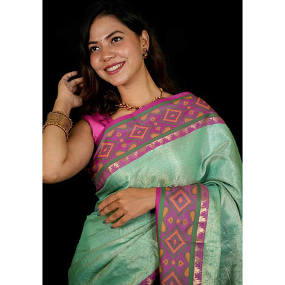 Isadora Life Green Self Design Pre-Draped Saree with Unstitched Blouse