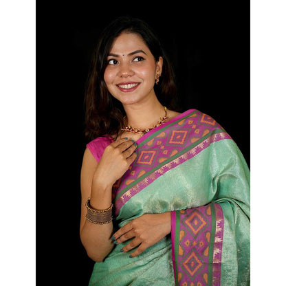 Isadora Life Green Self Design Pre-Draped Saree with Unstitched Blouse