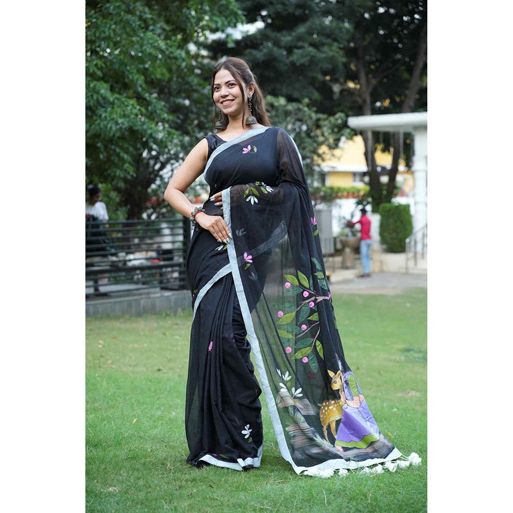 Isadora Life Black Floral Pre-Draped Saree with Unstitched Blouse