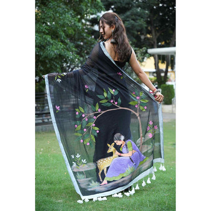 Isadora Life Black Floral Pre-Draped Saree with Unstitched Blouse