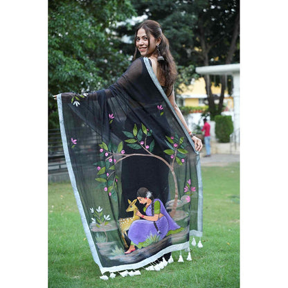 Isadora Life Black Floral Pre-Draped Saree with Unstitched Blouse