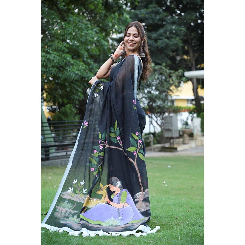 Isadora Life Black Floral Pre-Draped Saree with Unstitched Blouse