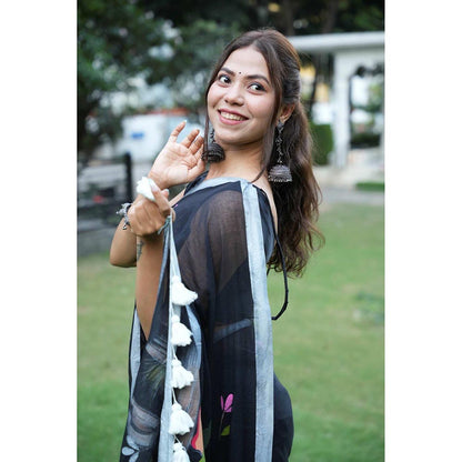 Isadora Life Black Floral Pre-Draped Saree with Unstitched Blouse