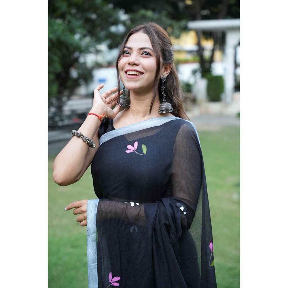 Isadora Life Black Floral Pre-Draped Saree with Unstitched Blouse