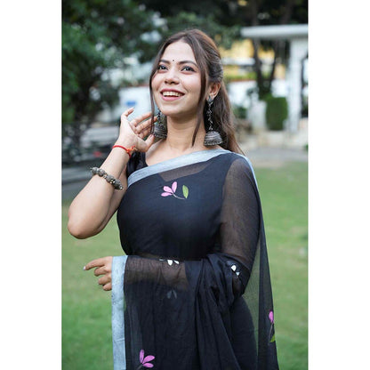 Isadora Life Black Floral Pre-Draped Saree with Unstitched Blouse