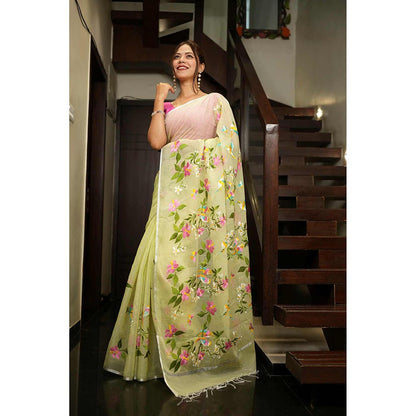 Isadora Life Green Floral Pre-Draped Saree with Unstitched Blouse