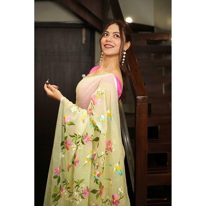 Isadora Life Green Floral Pre-Draped Saree with Unstitched Blouse