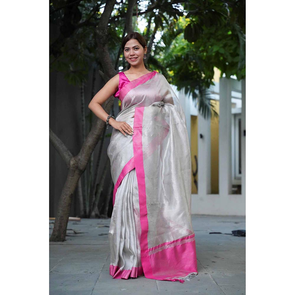 Isadora Life Silver Solid Pre-Draped Saree with Unstitched Blouse