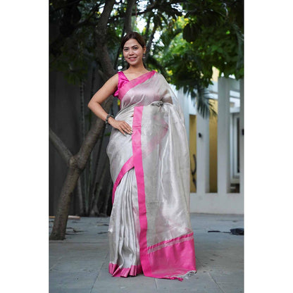Isadora Life Silver Solid Pre-Draped Saree with Unstitched Blouse
