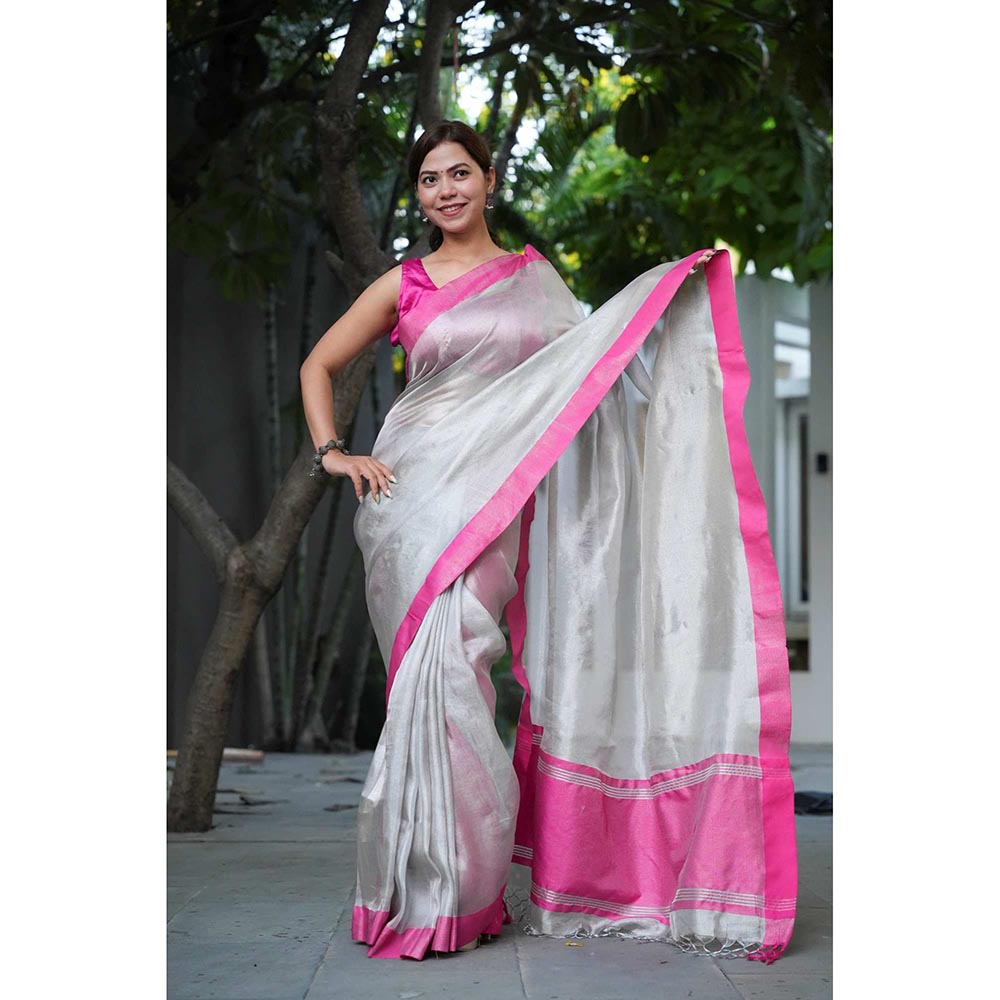 Isadora Life Silver Solid Pre-Draped Saree with Unstitched Blouse
