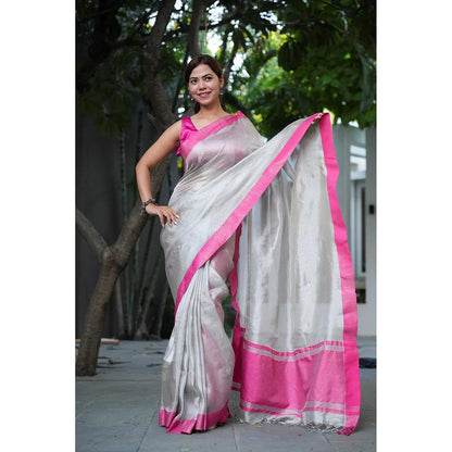 Isadora Life Silver Solid Pre-Draped Saree with Unstitched Blouse