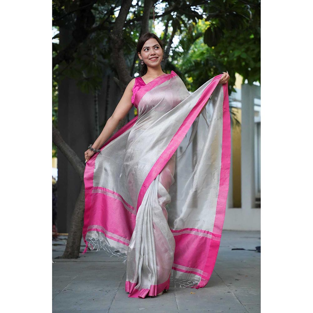 Isadora Life Silver Solid Pre-Draped Saree with Unstitched Blouse