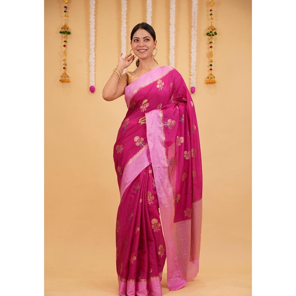Isadora Life Pink Floral Pre-Draped Saree with Unstitched Blouse