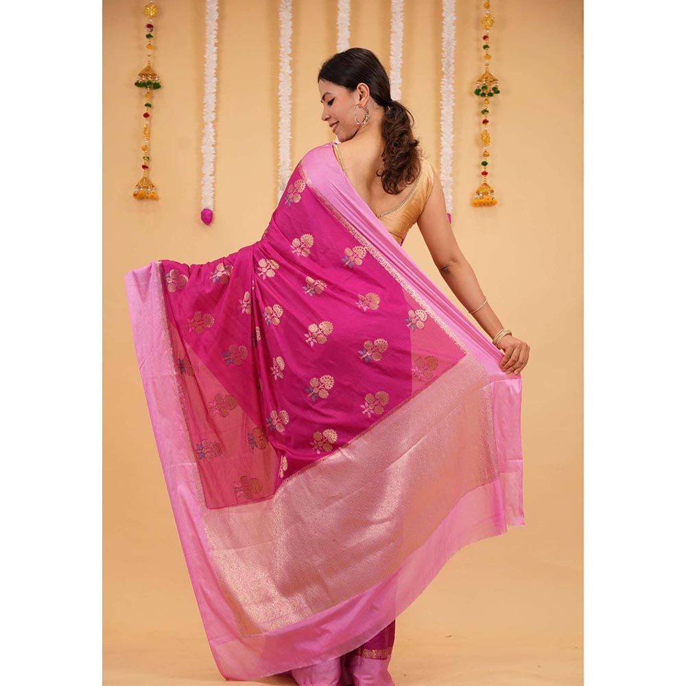 Isadora Life Pink Floral Pre-Draped Saree with Unstitched Blouse