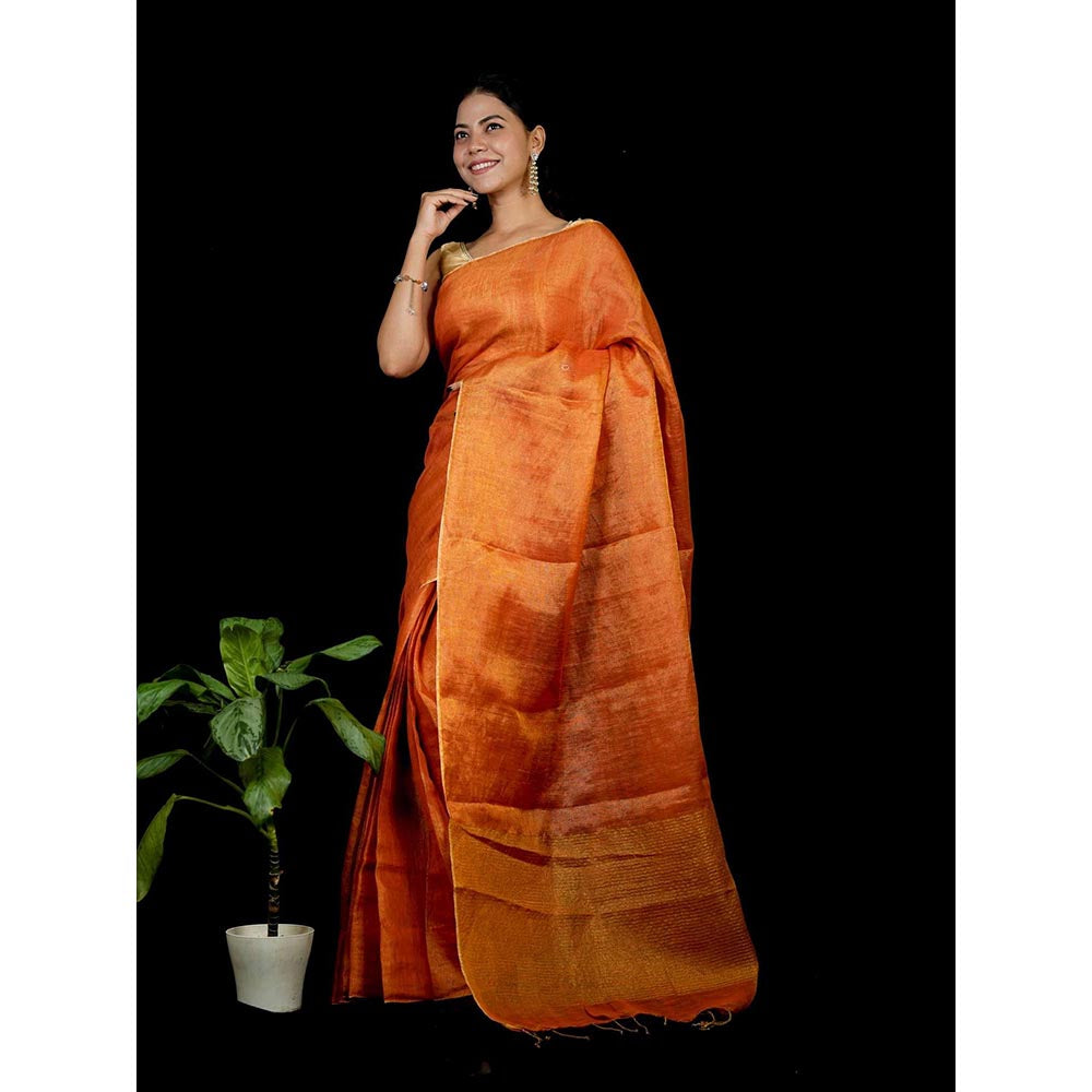 Isadora Life Orange Solid Pre-Draped Saree with Unstitched Blouse