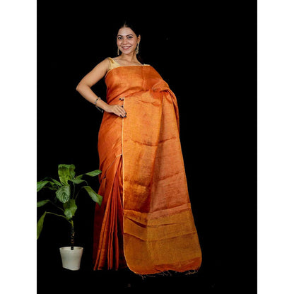 Isadora Life Orange Solid Pre-Draped Saree with Unstitched Blouse