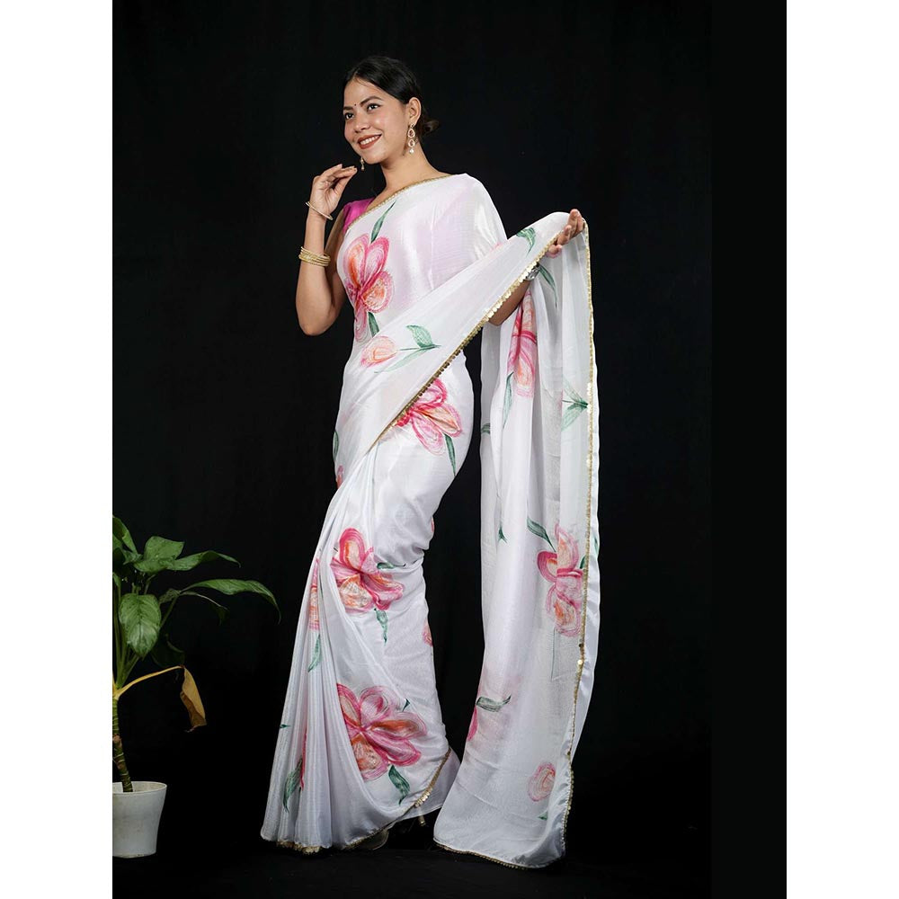 Isadora Life White Floral Pre-Draped Saree with Unstitched Blouse