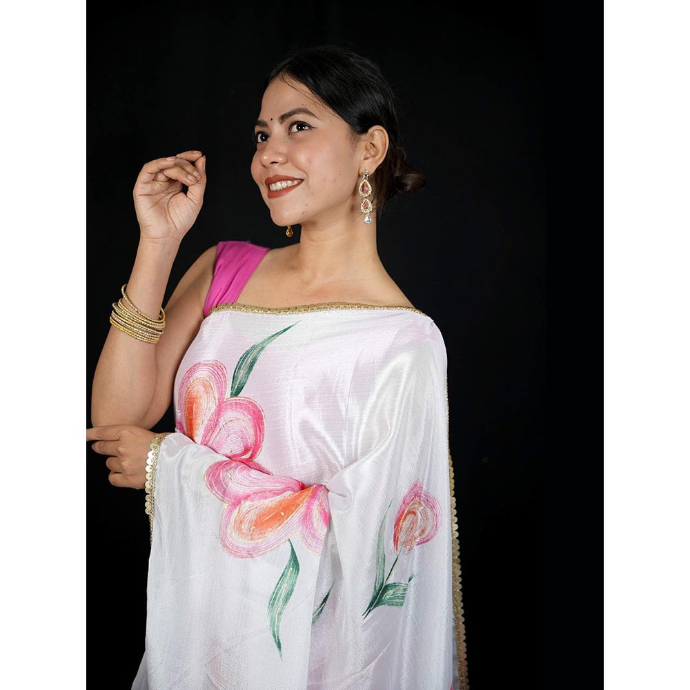 Isadora Life White Floral Pre-Draped Saree with Unstitched Blouse