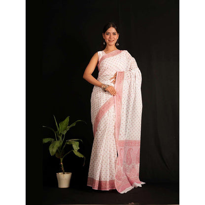 Isadora Life White Floral Pre-Draped Saree with Unstitched Blouse