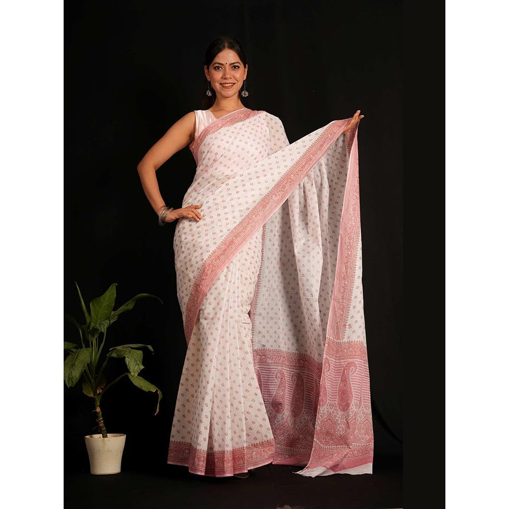 Isadora Life White Floral Pre-Draped Saree with Unstitched Blouse