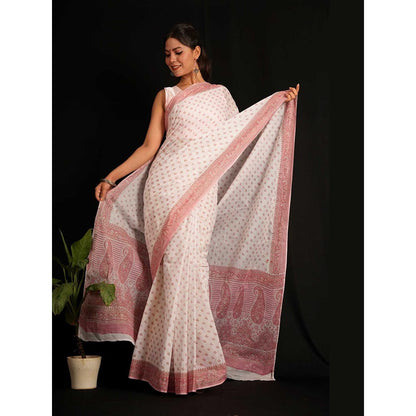 Isadora Life White Floral Pre-Draped Saree with Unstitched Blouse