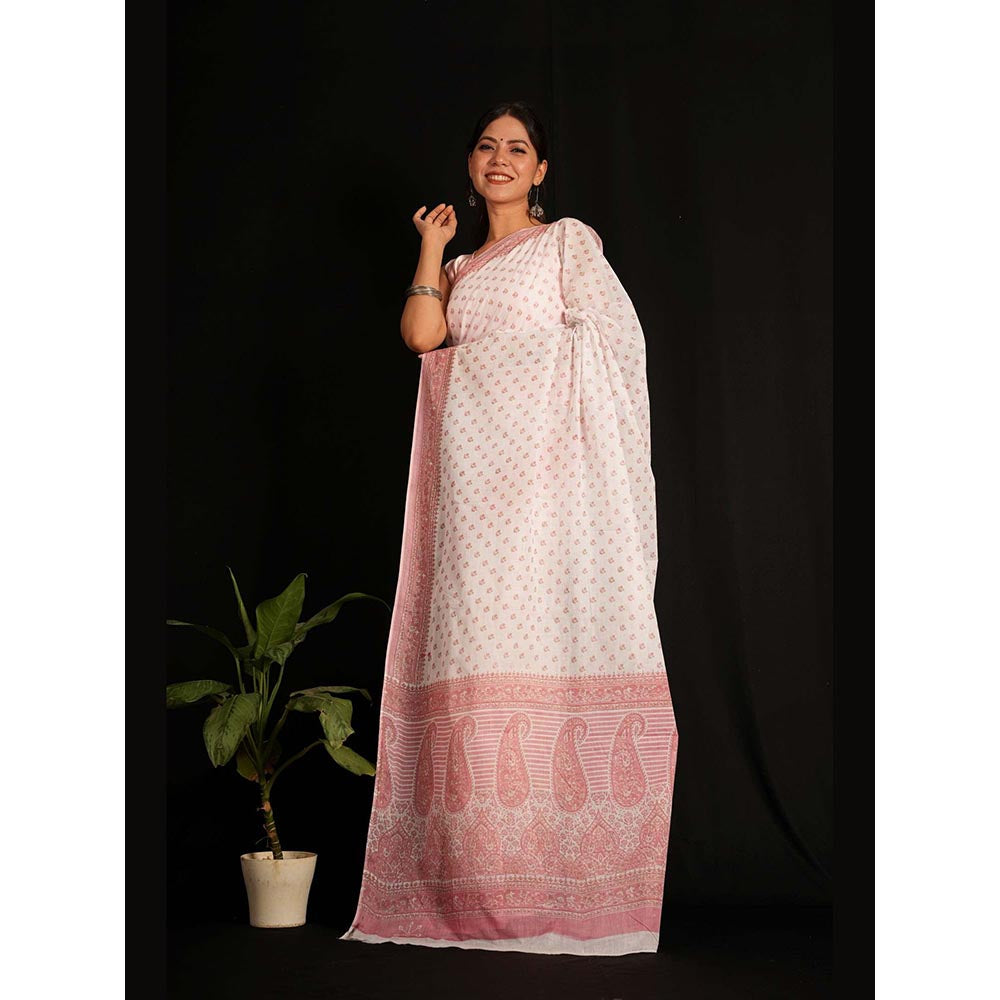 Isadora Life White Floral Pre-Draped Saree with Unstitched Blouse