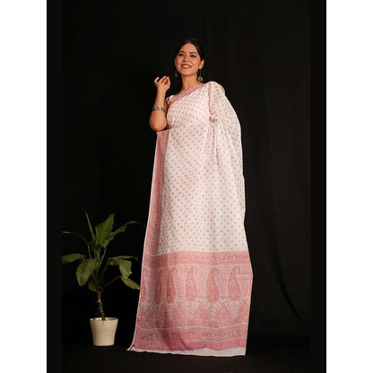 Isadora Life White Floral Pre-Draped Saree with Unstitched Blouse