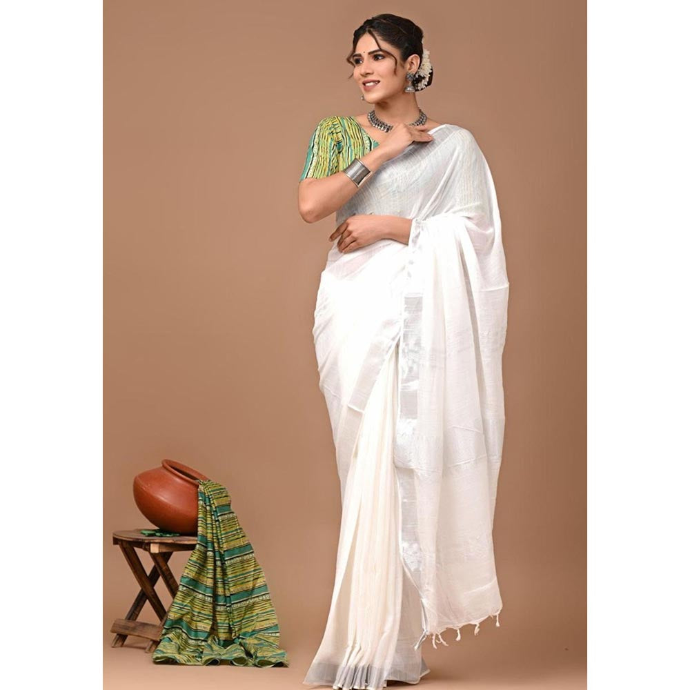 Isadora Life White Solid Pre-Draped Saree with Unstitched Blouse