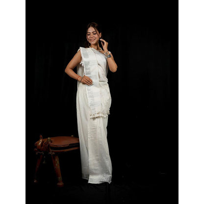 Isadora Life White Solid Pre-Draped Saree with Unstitched Blouse