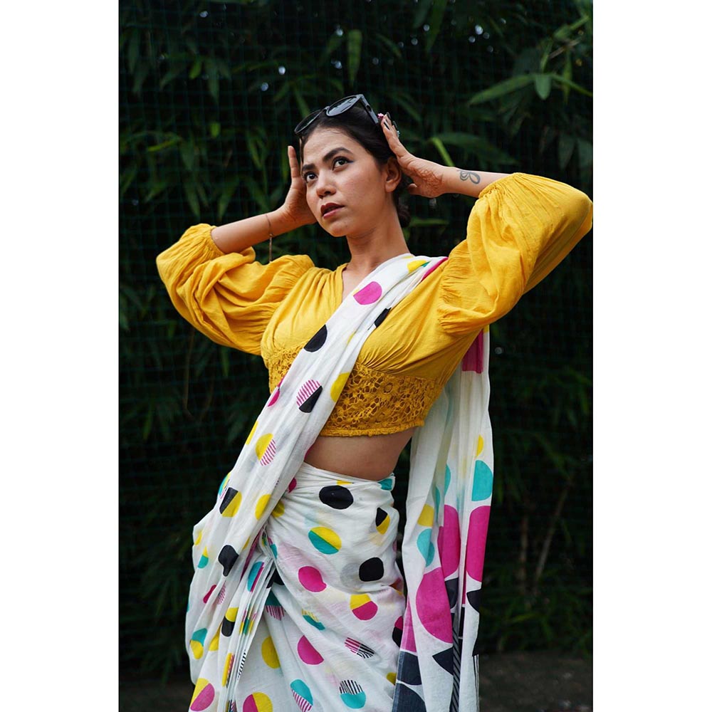 Isadora Life White Polka Dots Pre-Draped Saree with Unstitched Blouse