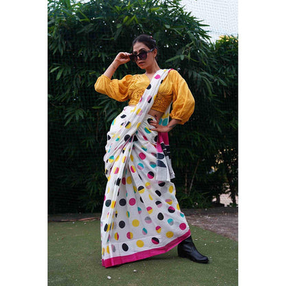 Isadora Life White Polka Dots Pre-Draped Saree with Unstitched Blouse