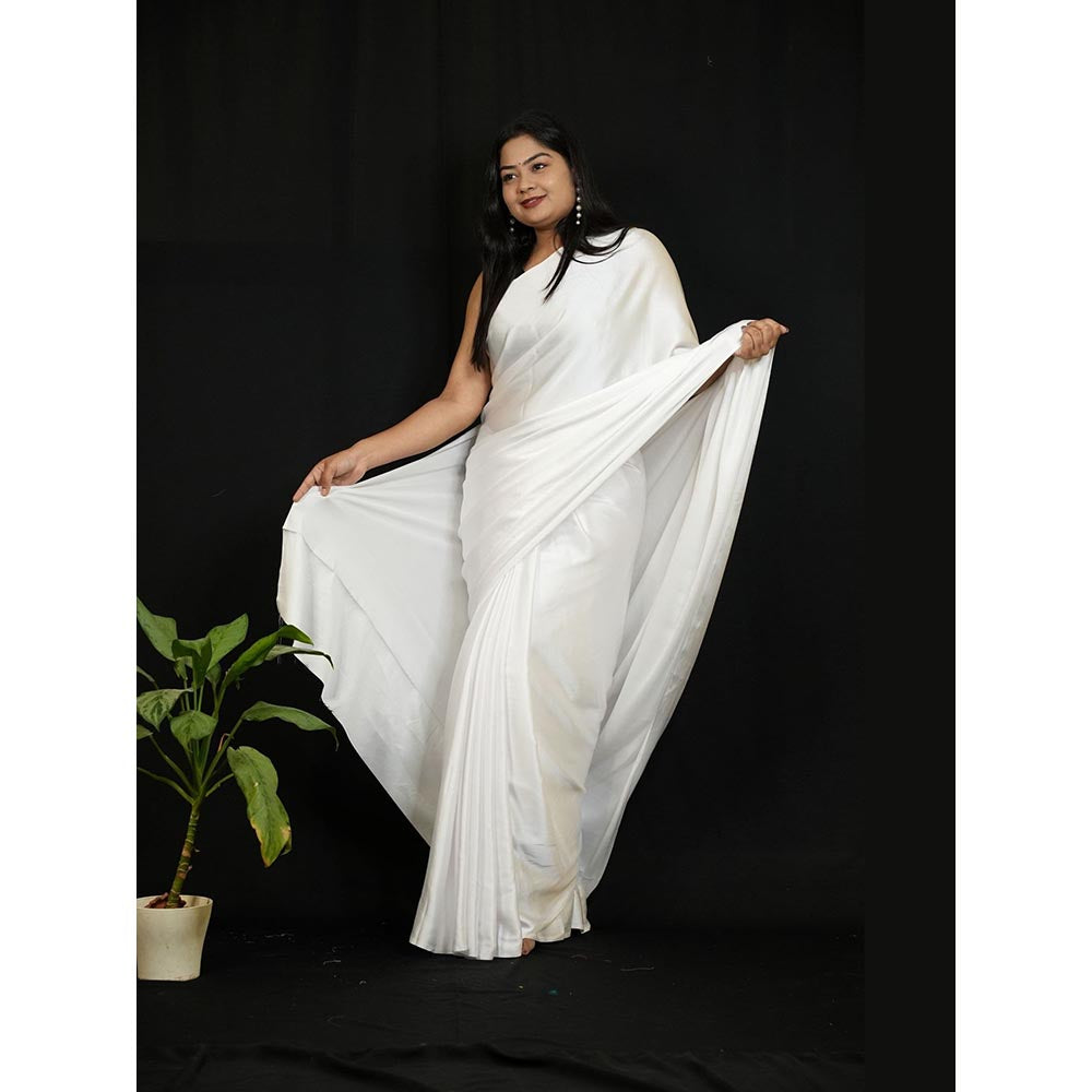 Isadora Life White Solid Pre-Draped Saree with Unstitched Blouse