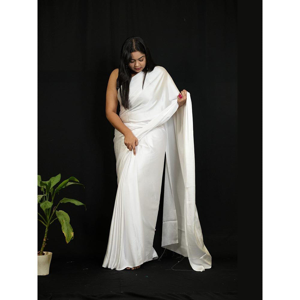 Isadora Life White Solid Pre-Draped Saree with Unstitched Blouse