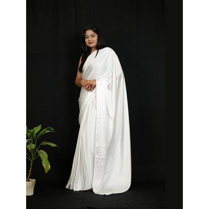 Isadora Life White Solid Pre-Draped Saree with Unstitched Blouse