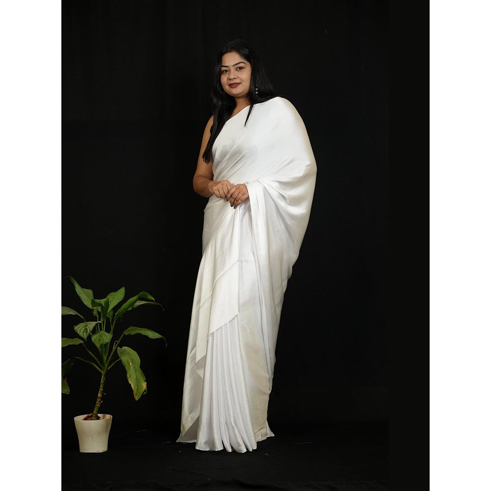 Isadora Life White Solid Pre-Draped Saree with Unstitched Blouse