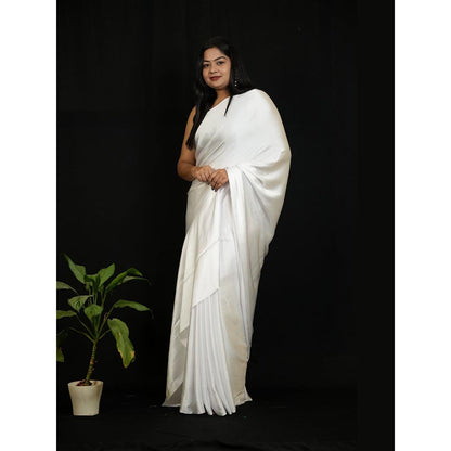 Isadora Life White Solid Pre-Draped Saree with Unstitched Blouse